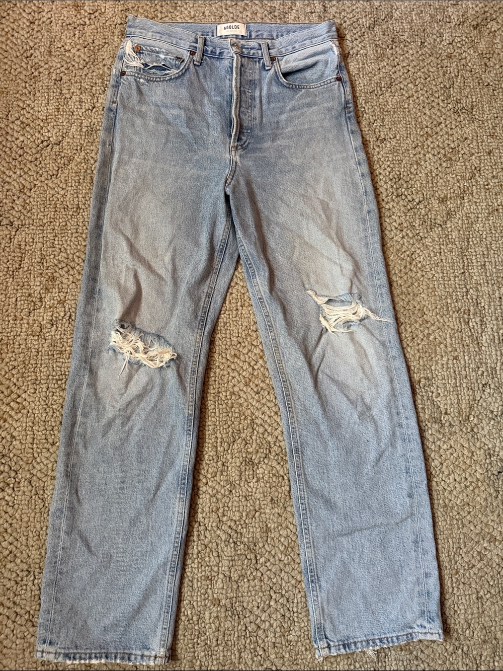 Agolde Light Blue Straight Leg Distressed Jeans